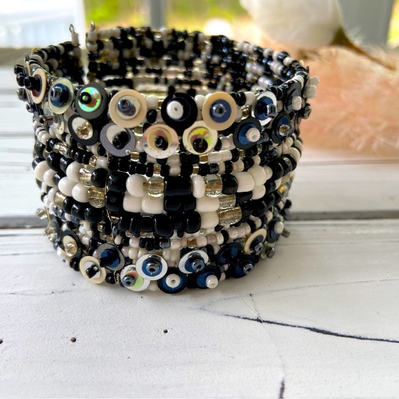 Beaded Cuff Bangle with Sequin (Black/ White/ Peacock) - Adjustable - Picture 3 of 3